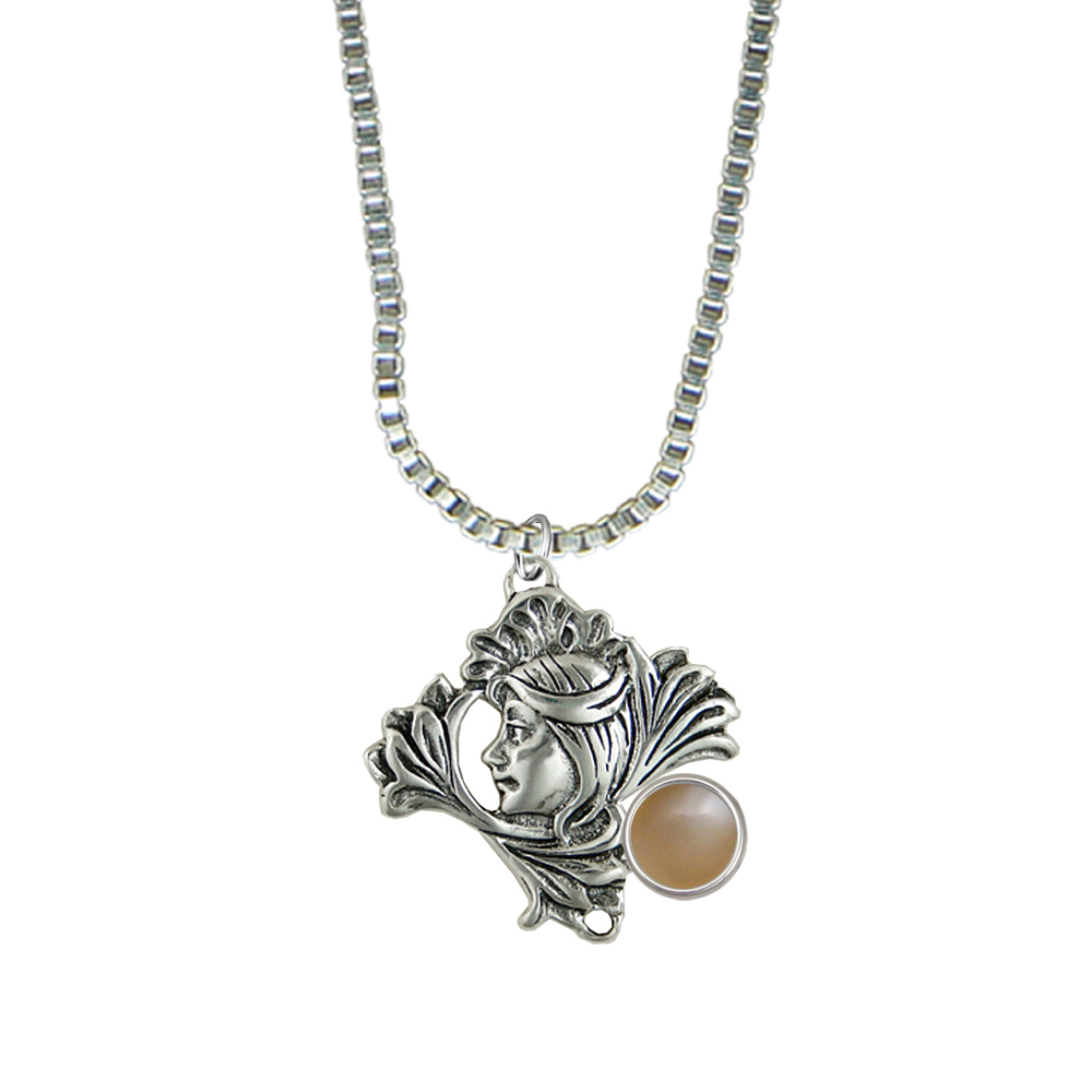 Sterling Silver Woman Maiden of the Lotus Flower Pendant Necklace With Peach Moonstone